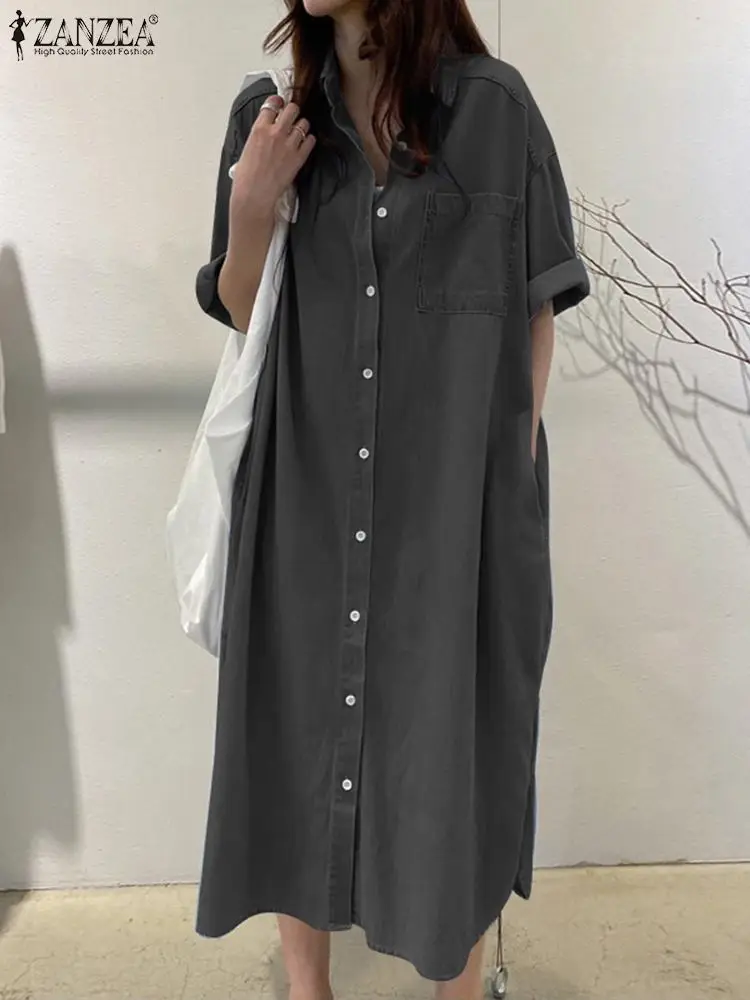 

ZANZEA Women Lapel Short Sleeve Shirt Dress Summer Denim Blue Dress Casual Buttons Sundress Robe Female Work Holiday Dresses