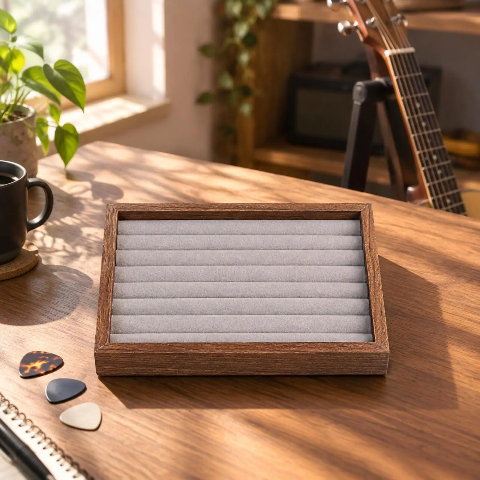 Guitar Pick Storage Tray Walnut-Finish Guitar Pick Holder with Picks Lightweight Studio Accessory Tray for String Instrument