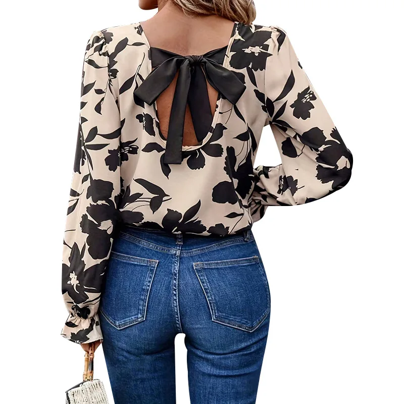 Blouse Top Women Flower Print Backless Lace Up Round Collar Full Sleeve Tops Streetwear Female Blouses Spring Summer 2026 - Detail 1