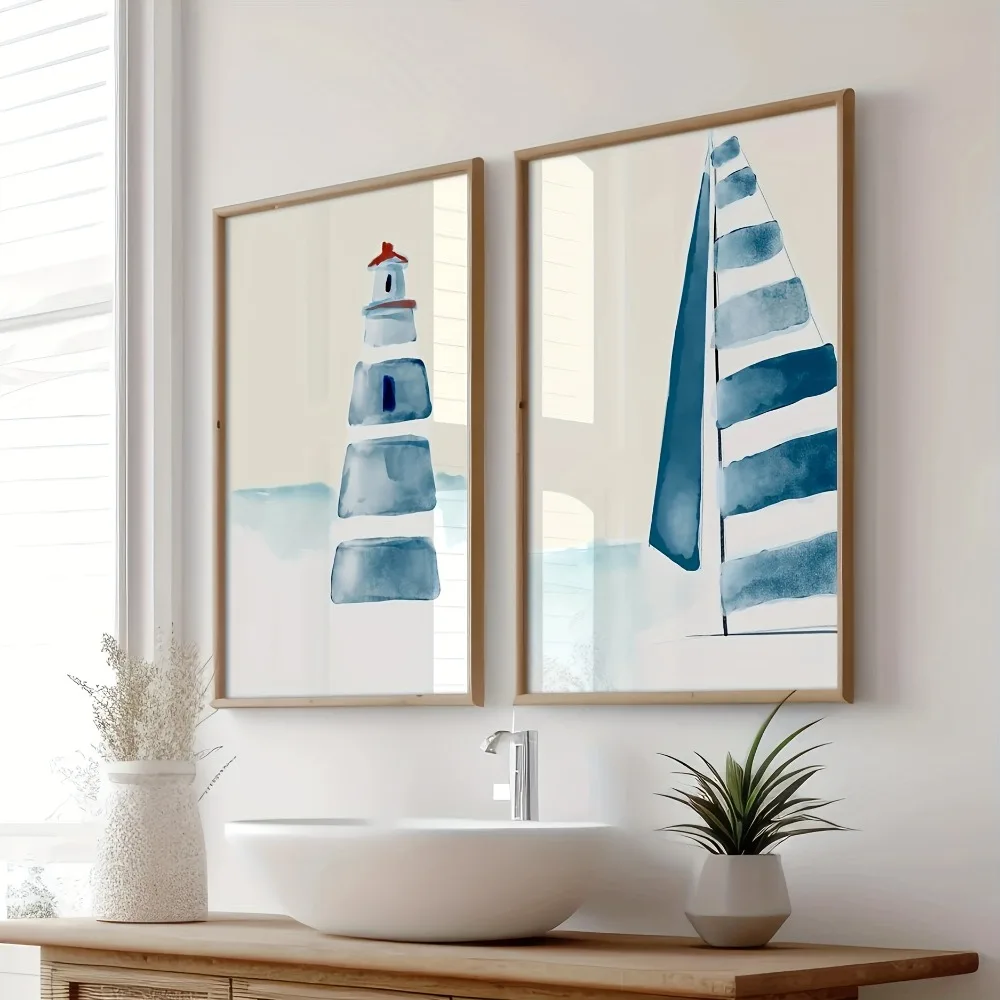 2 Pieces of Frameless Canvas Posters,Blue Watercolor Style,Summer Beach Art Poster Printing,Modern Ideal Home Wall Decor Gift