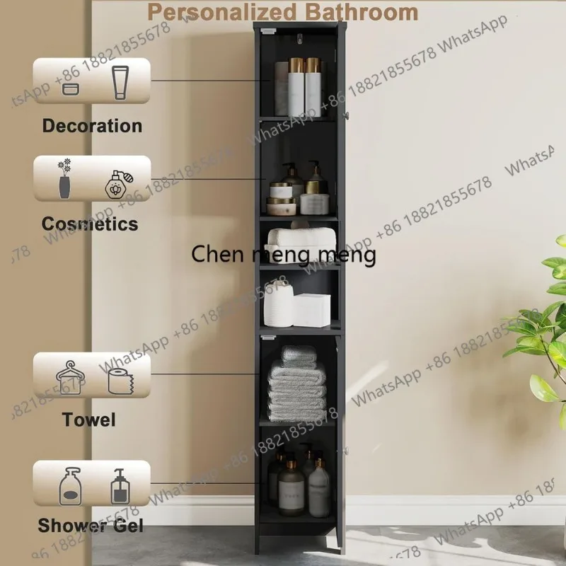 Space-Saving 5-Tier Black Bathroom Storage Cabinet with 2 Doors and Adjustable Shelves