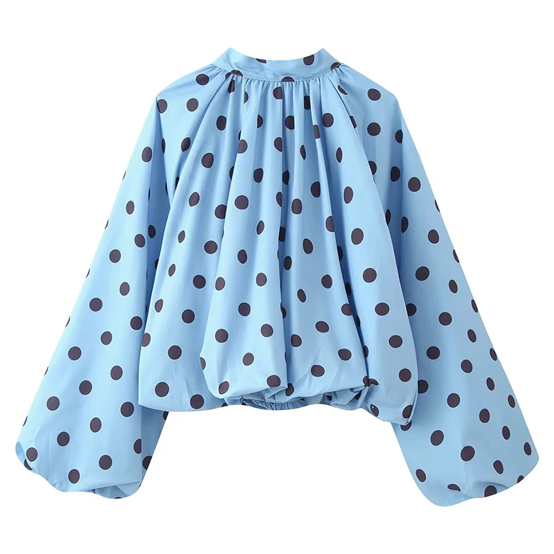 YENKYE Back Bow Tie Sexy Slit Polka Dot Shirt Women High Neck Loose Puff Sleeve Blouse Spring Summer Tops Streetwear