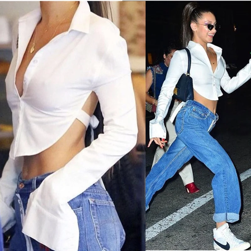 Bella Hadid Style Blouse Top Women Sexy Backless White Shirt Long Sleeve Slim Fit Short Blouse Female Night Club Party Clothes