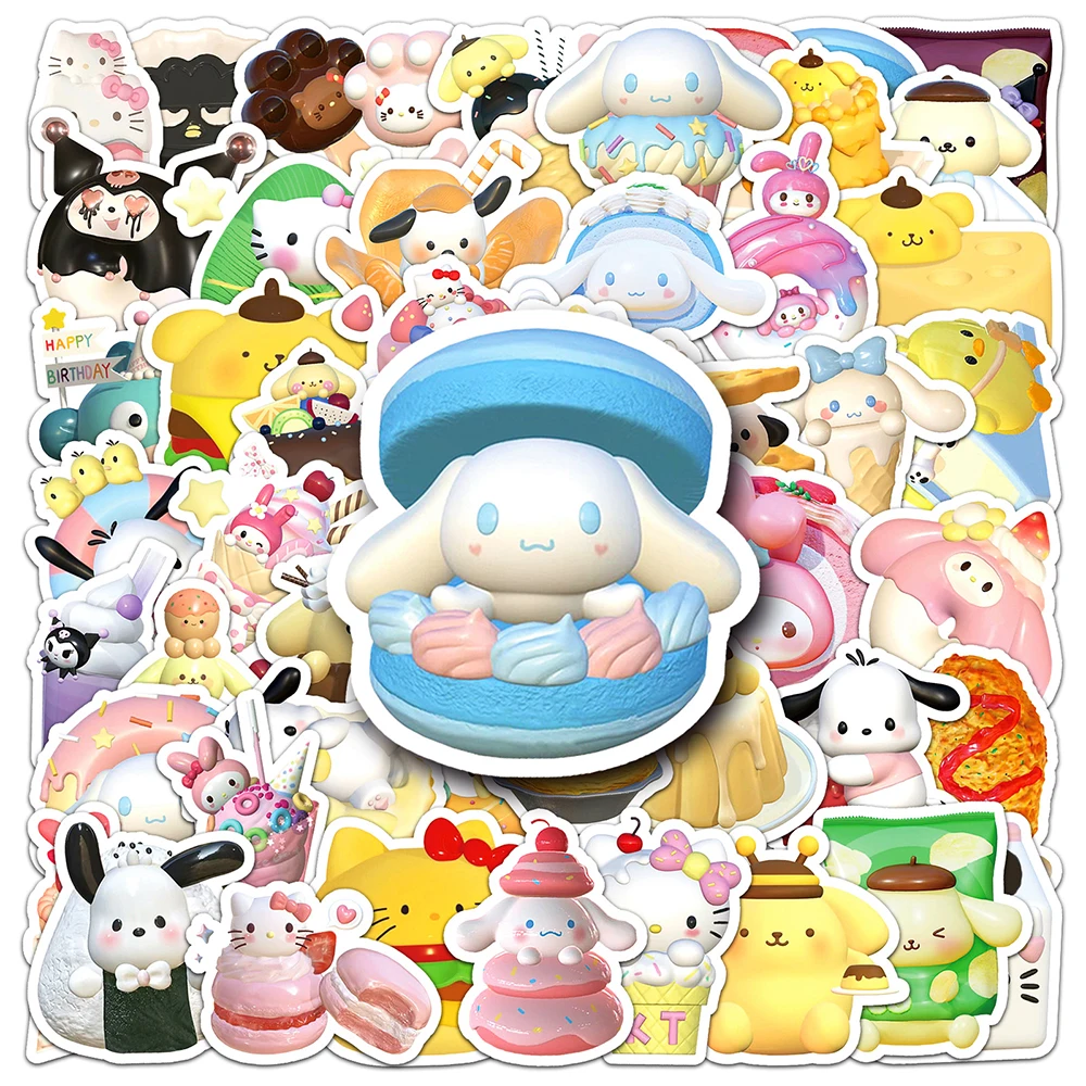 10/30/50pcs Cute Funny Food Sanrio Cartoon Stickers 3D Hello Kitty Kuromi My Melody Anime Decals Kawaii Kids Sticker Toys