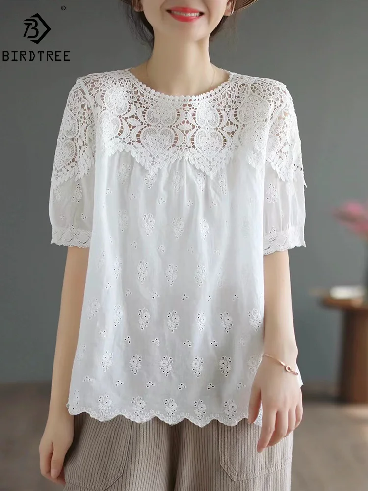 New Spring Cotton Short Sleeve Shirt Women Lace Hollow Out O Neck Top Girl Loose Sweet Chic Casual Blouse 2024 Summer T45947QM