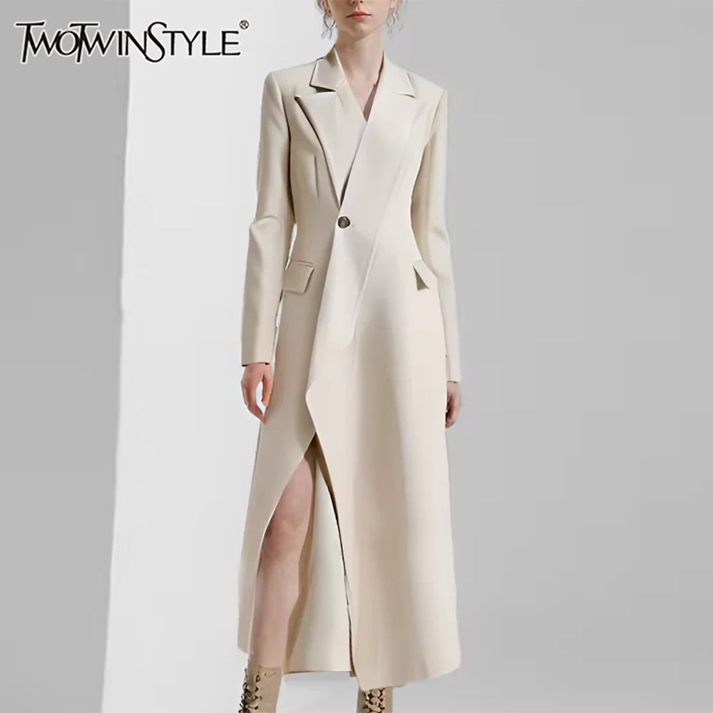 TWOTWINSTYLE Slimming Spliced Pockets Solid Trench For Women Lapel Long Sleeve Temperament Patchwork Buton Coats Female Fashion