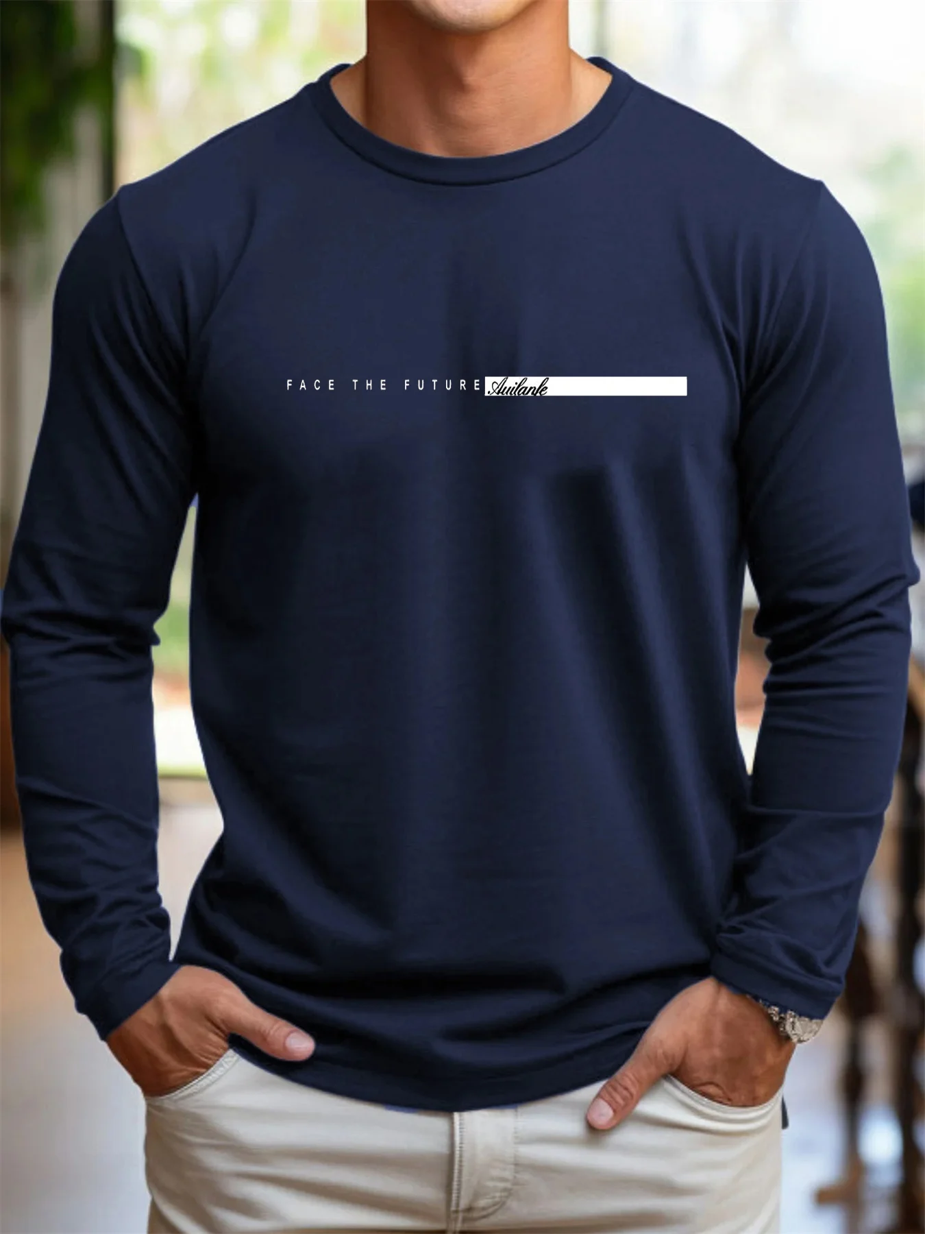 

100% pure cotton men's long sleeved round neck loose casual future letter pattern printed spring and autumn versatile T-shirt