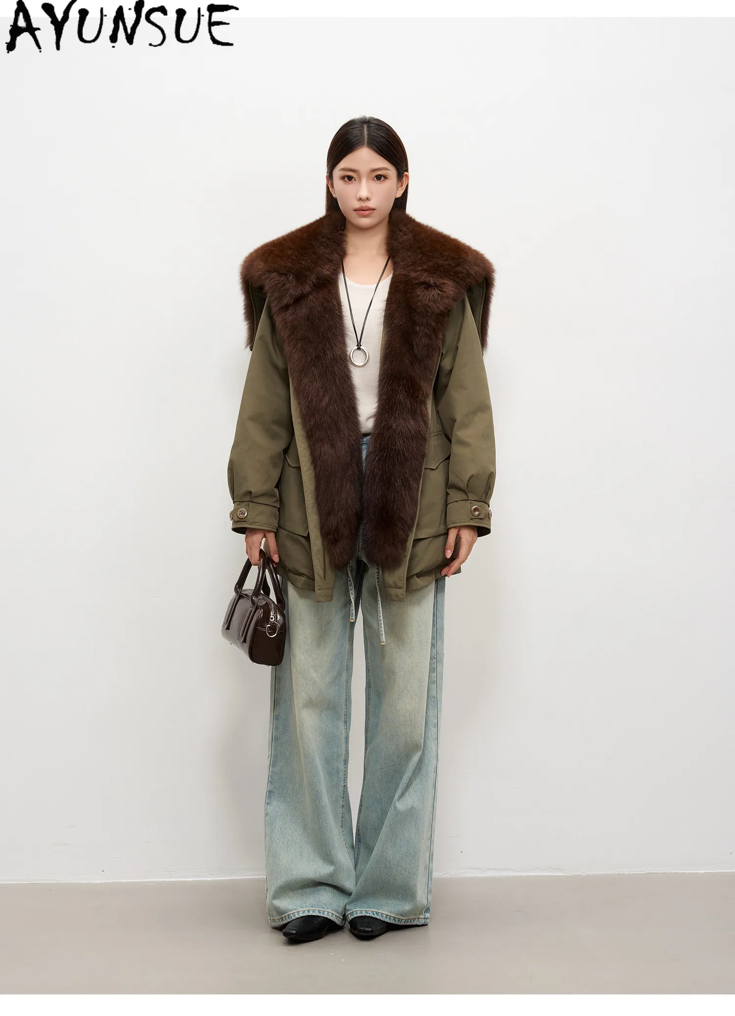 AYUNSUE 90% White Goose Down Coat Womens Winter Clothes Oversized Fox Fur Collar Mid Length Parka Female Loose Fit Clothing 2026