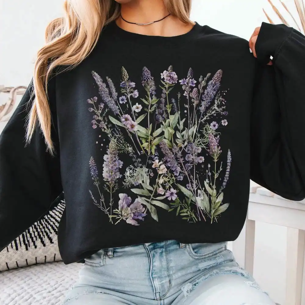 خمر الخزامى الربيع Cottagecore سترة المرأة طباعة سترة الراحة طويلة الأكمام الصوف Crewneck Y2K البلوز الشارع الشهير #4