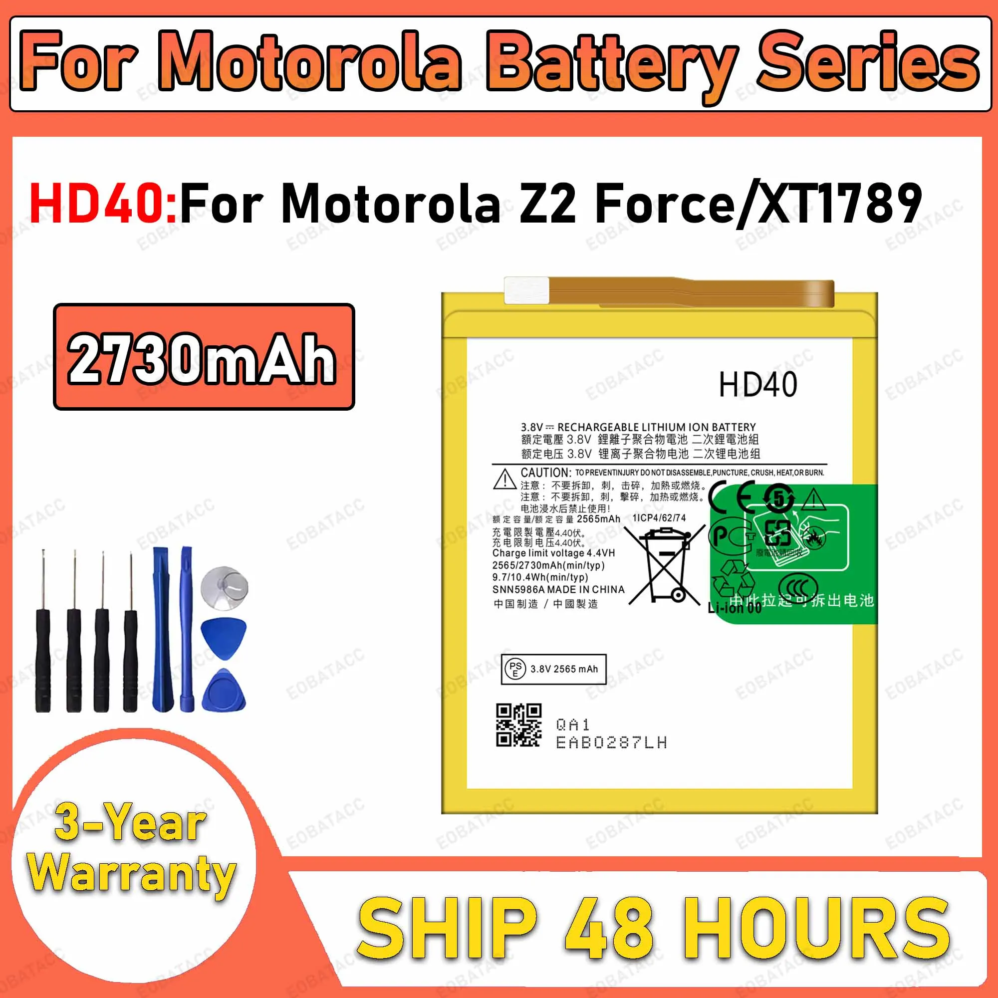 Batería HD40 de 2730mAh 100% nueva para Motorola Moto Z2 Force/XT1789, batería de repuesto + herramientas gratuitas