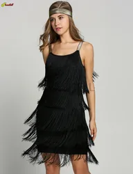 Women 1920s Tassel Dress Great Gatsby Flapper Beach Cosplay Costumes Strap Low Cut Fringe Party Dresses with Headband Halloween