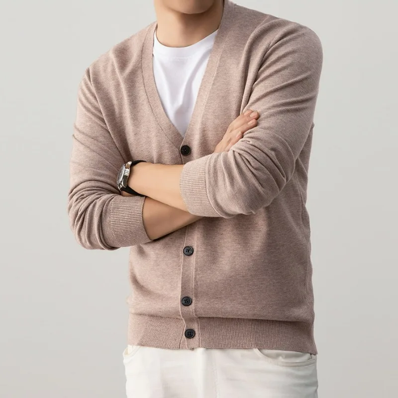 KIDWHXR Man Knitted Cardigans Autumn Single-breasted V-neck Men Sweater Coat Thin Breathable Long Sleeve Versatile Male Tops