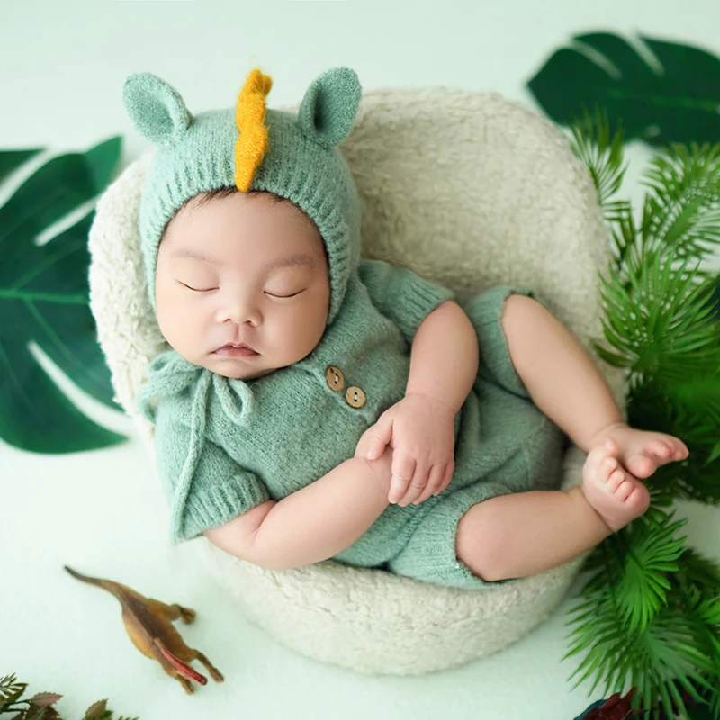 Fotografia Vestuário para recém-nascido, boneca dinossauro, planta verde, posando adereços, chapéu de malha, macacão, estúdio de filmagem, cena traje para crianças