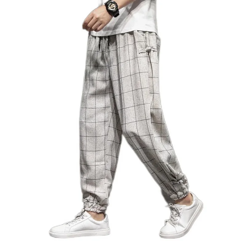 

Summer Men Thin Striped Harem Pants Men's Beam Feet Plate Buckle Wde-Leg Trousers Linen Loose Harem Pants