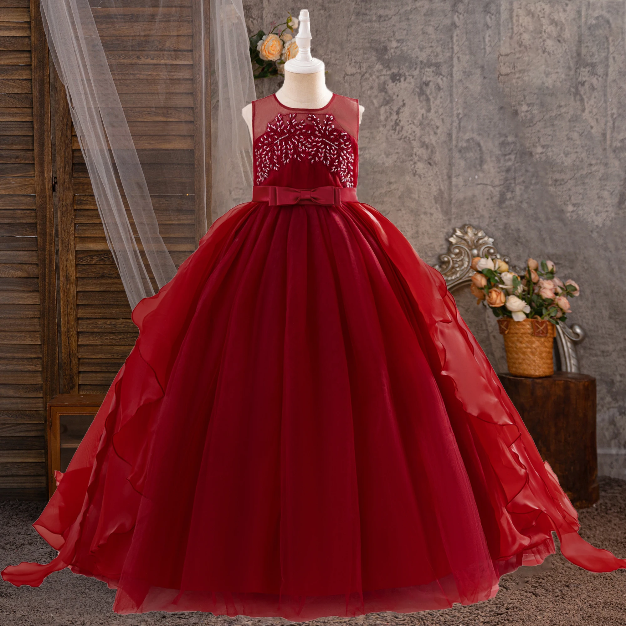 

Elegant Sequins Bridesmaids Girls Party Dresses Tulle Wedding Princess Kids Dress For Girl Birthday Christmas Prom Gown Vestido