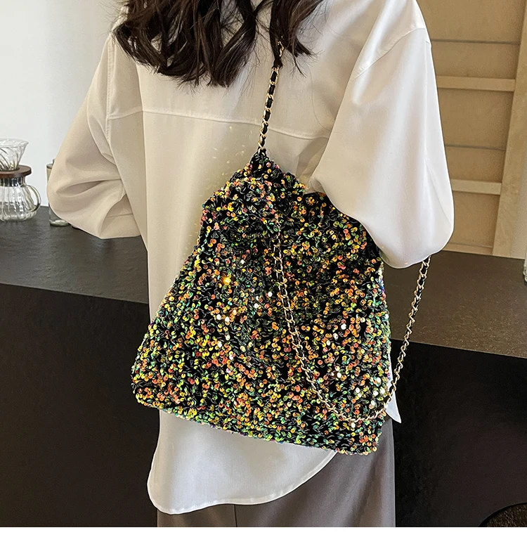 Sequin Bucket Handbags and Purse Underarm Tote Bag for Women 2024 New Fashion Shiny Chain Shoulder Bag Female Prom Party