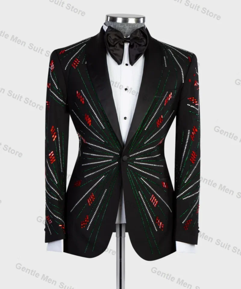 Crystals Men Suits Set 2 Piece Cotton Blazer+Pant Black Office Prom Groom Wedding Tuxedo Coat Tailored Made Business Jacket