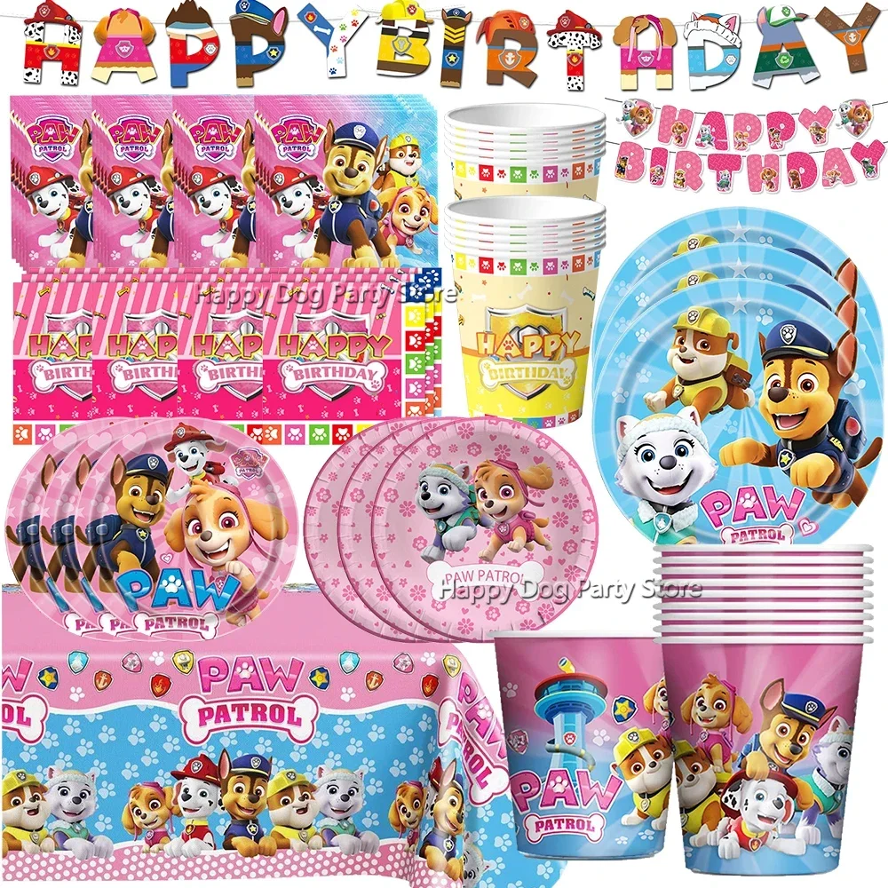 Paw Patrol Balloons Cartoon Dog Ryder Chase Skye Banner Happy Birthday Flag Party Decorations Paper Tableware Background Gifts