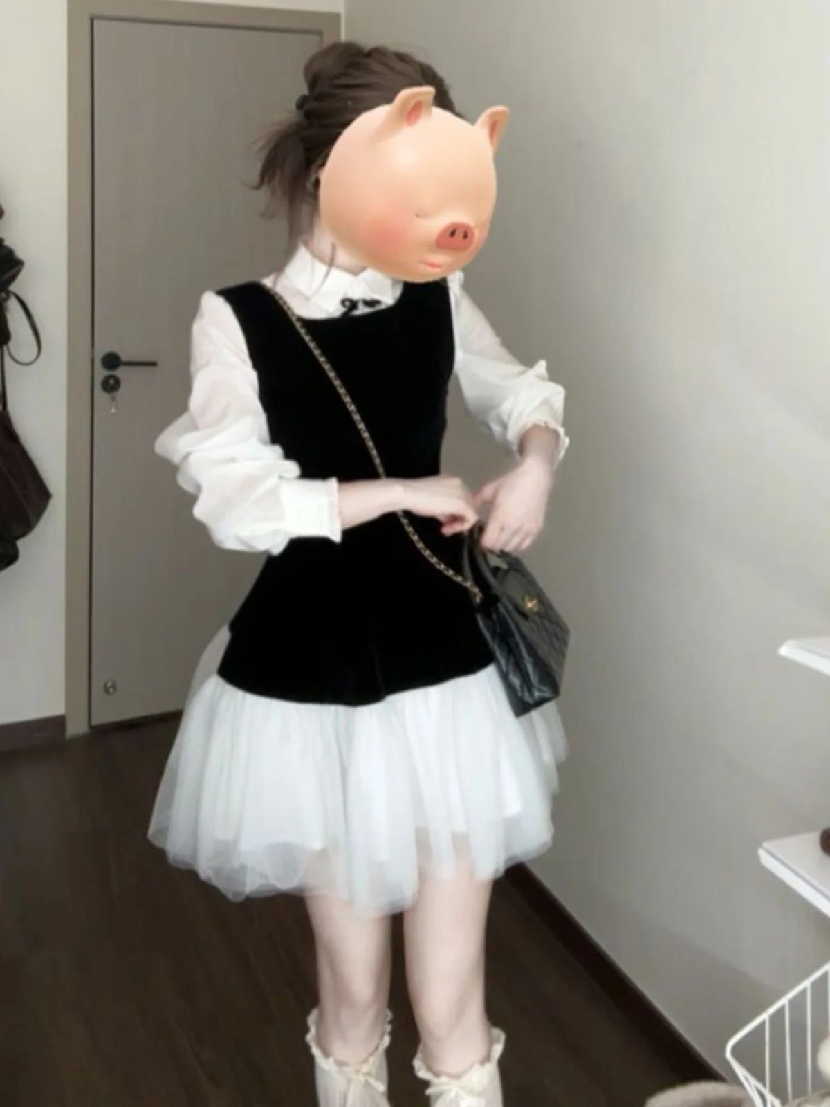 

Korean Style Velvet Vest Dress Shirt Two Piece Set Spring Fashion Unique Small Size Beautiful Clothing Combo Cotton Long Slee...
