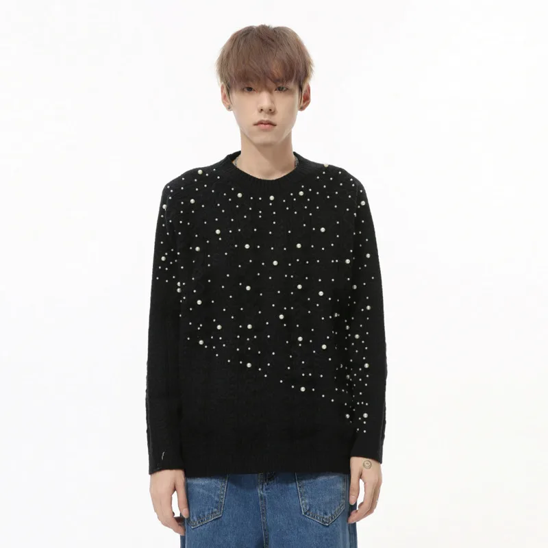 SYUHGFA Korean Style Men's Sweaters Casual Round Collar Pearl Design Solid Color Loose Pullover Tops New Trendy Male Knits 2024