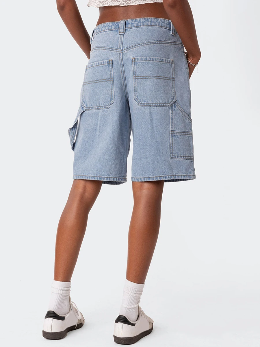 Women's Summer Short Denim Pants Solid Color Straight Leg Cargo Jean Knee Length Shorts with Pockets