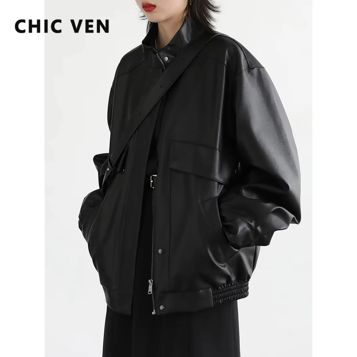 CHIC VEN Women Long Sleeve Jacket Solid Thick Stand Collar PU Faux Leather Coat Female Top Quilted Overcoat Autumn Winter 2024