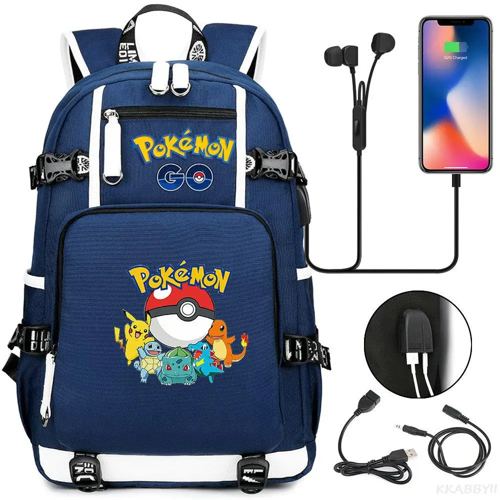 Pokemon Pikachu Backpack USB Laptop Backpack Women Men SchoolBags Canvas Waterproof Rucksack College Daypack Mochilas