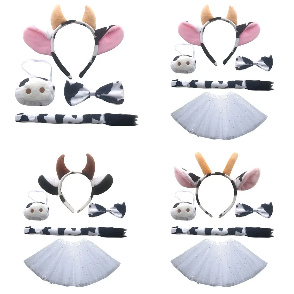 

Animal Cow Milk Cattle Accessories Headband Tail Ears Bow Tie Tutu for Kids Adult Women Halloween Costume Cosplay