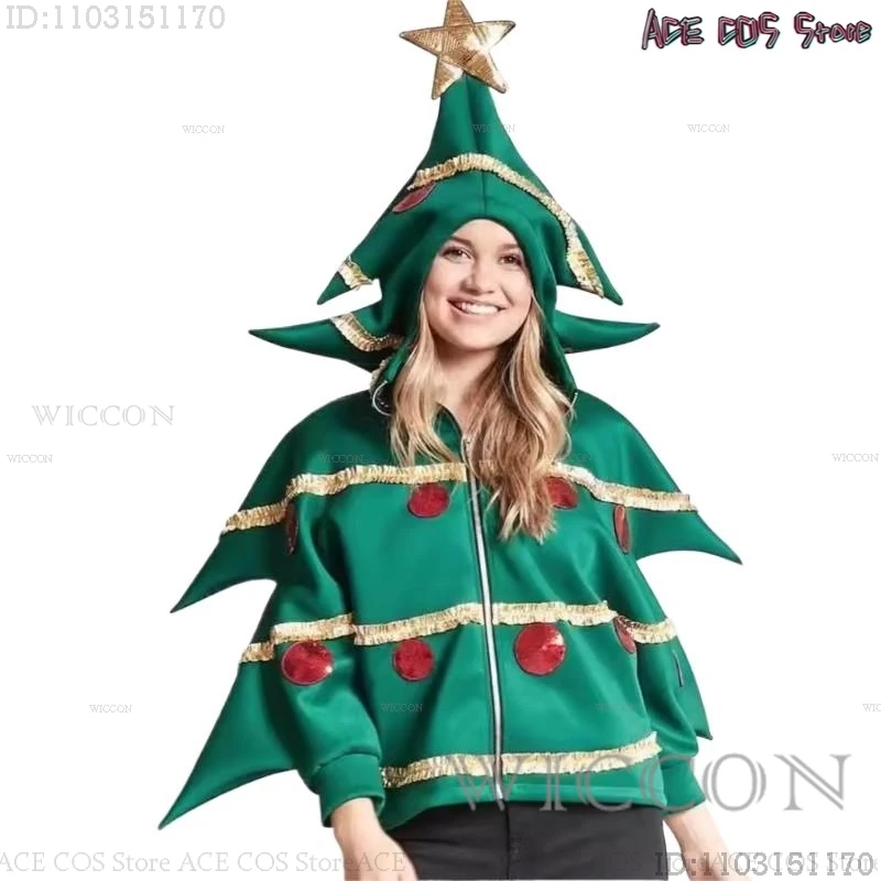 Costume d'arbre de Noël pour hommes et femmes, manteau à capuche à manches longues, vêtements de cosplay, tenue de vacances enrichie, cadeau drôle