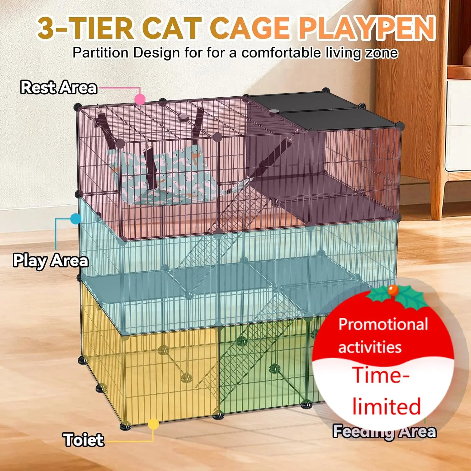 

Cat Cage, 3-Tier DIY Cat Enclosures Catio, Cat Playpen Indoor & Outdoor with Hammock, Detachable Metal Wire Kennel Cats Crate, 2