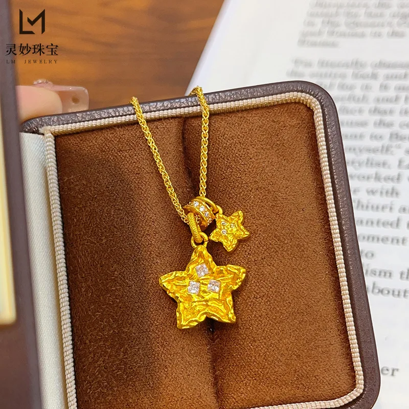 

Роскошные ювелирные изделия из настоящего золота 9999 24 карата в горошек с бриллиантовым узором молотка, ожерелье со звездой, кулон, можно сложить на цепочке на ключицу