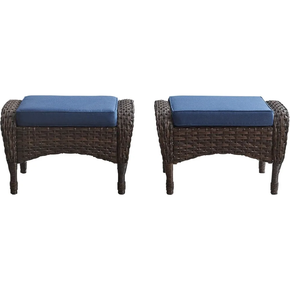 Outdoor Terrace Footstool -25 Inch PE Wicker Footstool Set, 2-piece Set, with Detachable Mat, All-weather Rattan Footstool