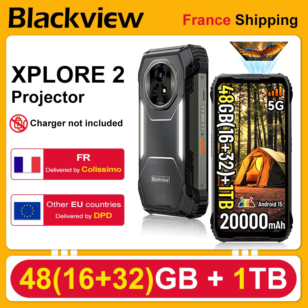 BLACKVIEW XPLORE 2 Projecteur Smartphone robuste [Sans chargeur UE] 5G 48GB(16+32)+1TB 20000mAh 120W Android 15 6,73'' AMOLED NFC 50MP+50MP+20MP
