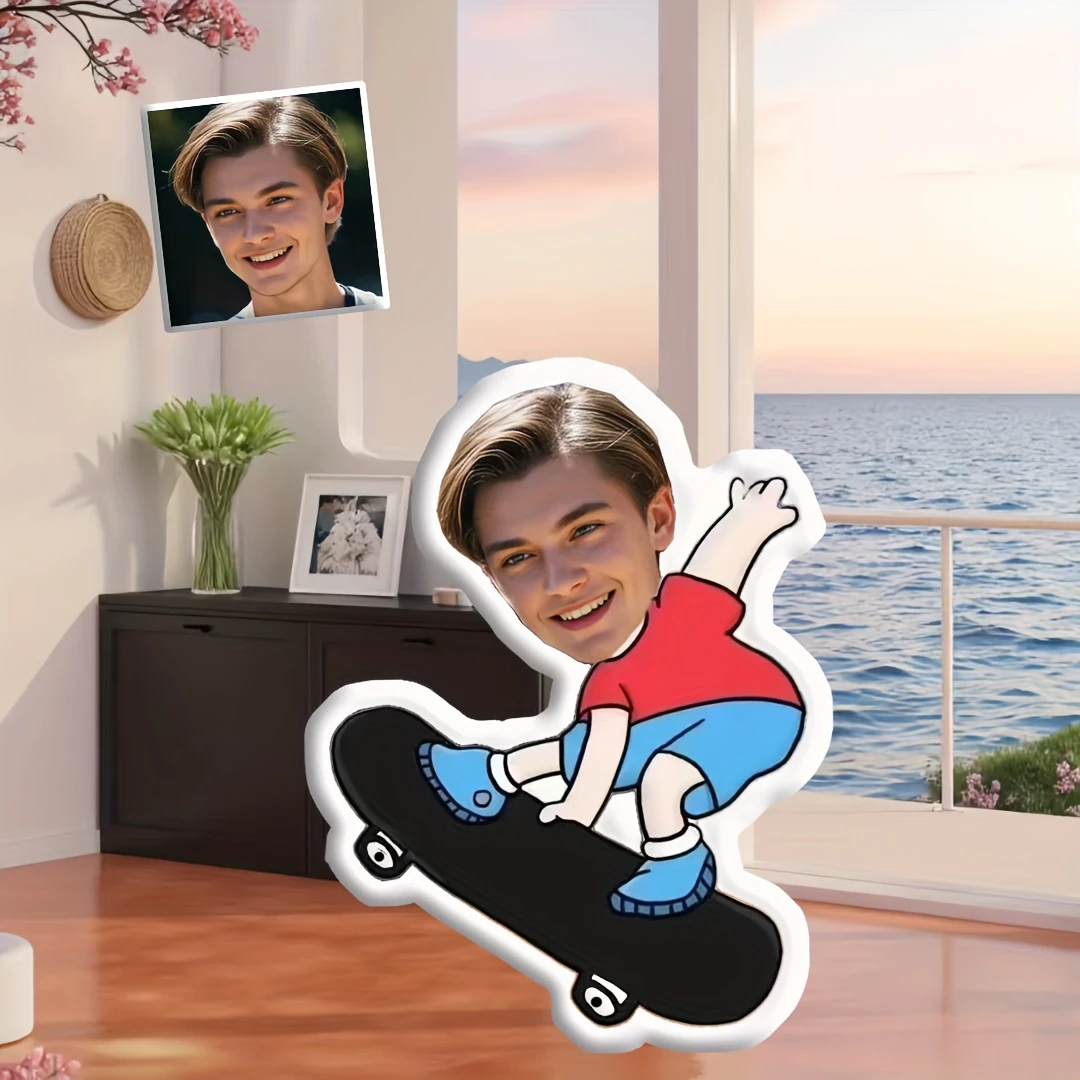 Custom Face Image Throw Pillow Featuring a Little on a Skateboard, Perfect for Christmas And Thanksgiving As a Unique Commemorat