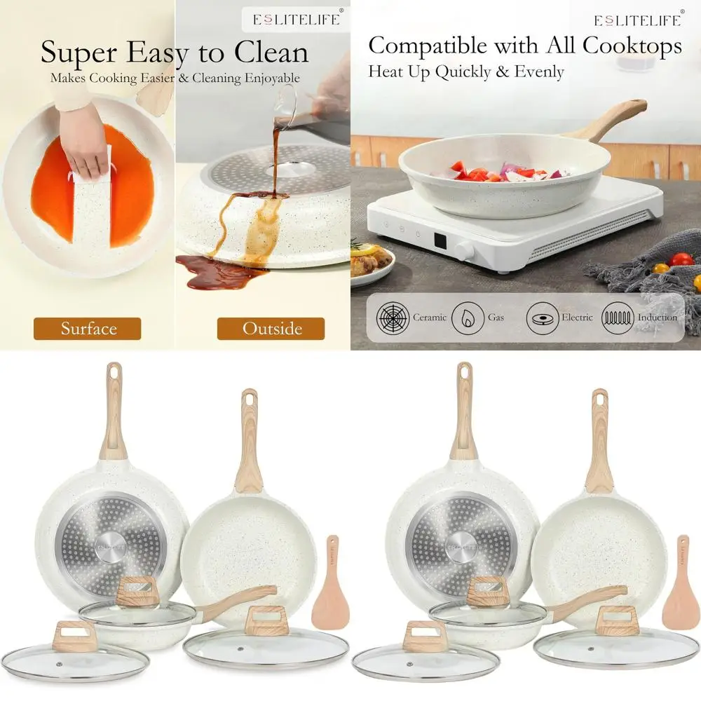 

Ceramic Coated Frying Pans Set with Lids, Safe for All Stovetops, PTFE & PFOA Free, White