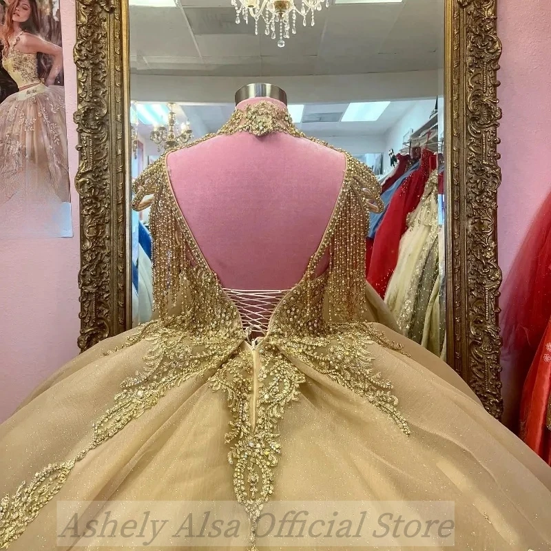 Custom Made Saudi Arabic Princess Beaded Quinceanera Dresses High Neck Crystal Ball Gown Prom Birthday Party Gown Vestido 15 16