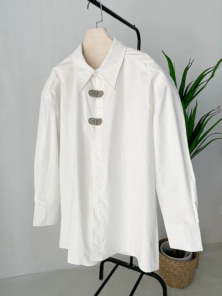 [EAM] Women White Shaped Big Size Casual Blouse New Lapel Long Sleeve Loose Fit Shirt Fashion Tide Spring Autumn 2024 1DF1136