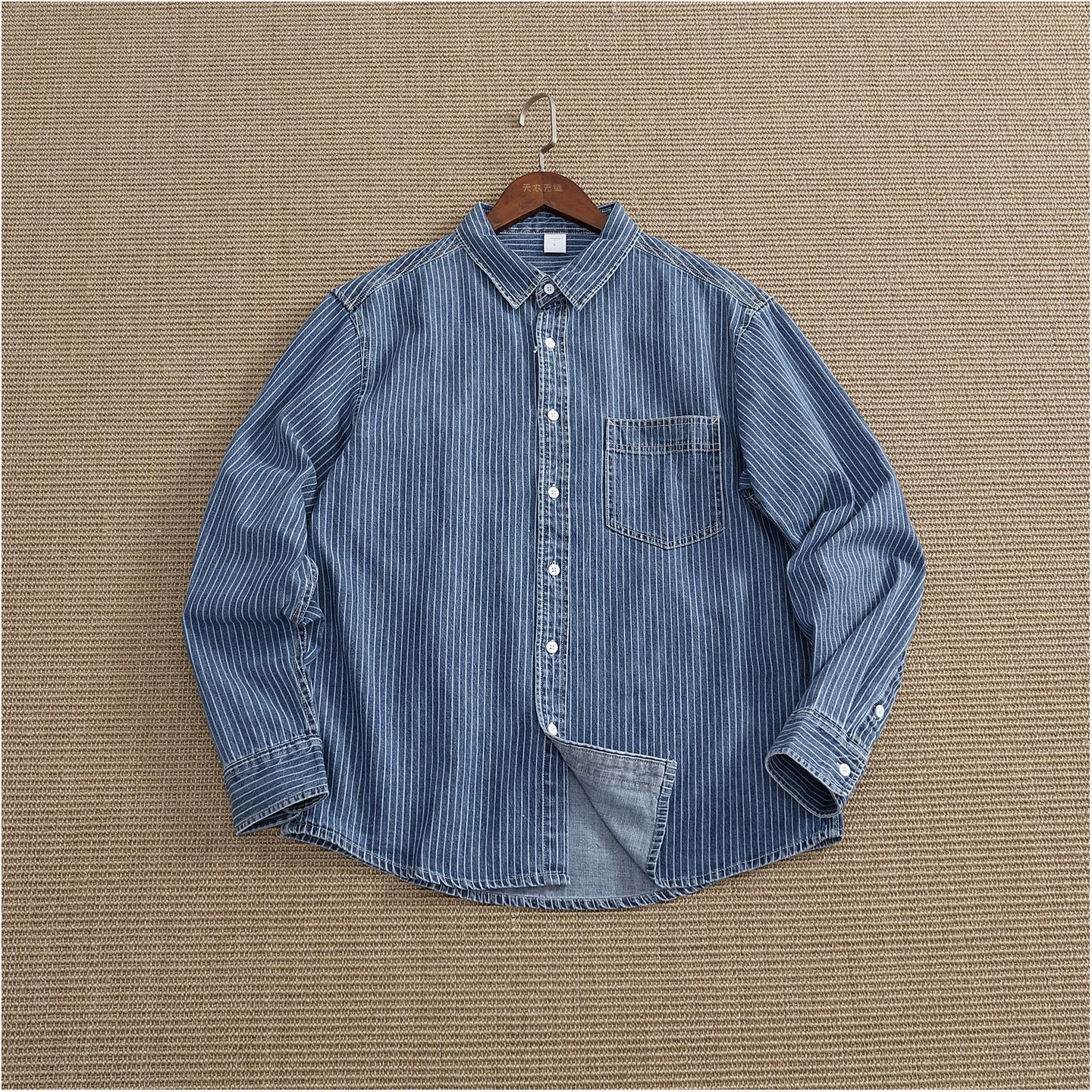 100% cotton American retro vertical striped denim shirt men's long-sleeved shirt youth daily casual work wear outer shirt