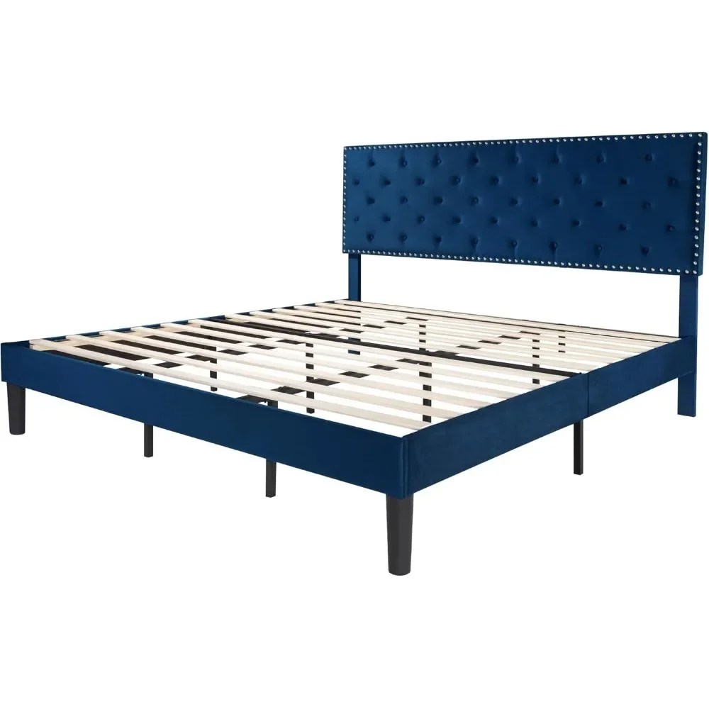 King Size| Velvet Bed Frame with Adjustable Headboard, Diamond Button Tufted and Rivet Decor, No Box Spring Needed