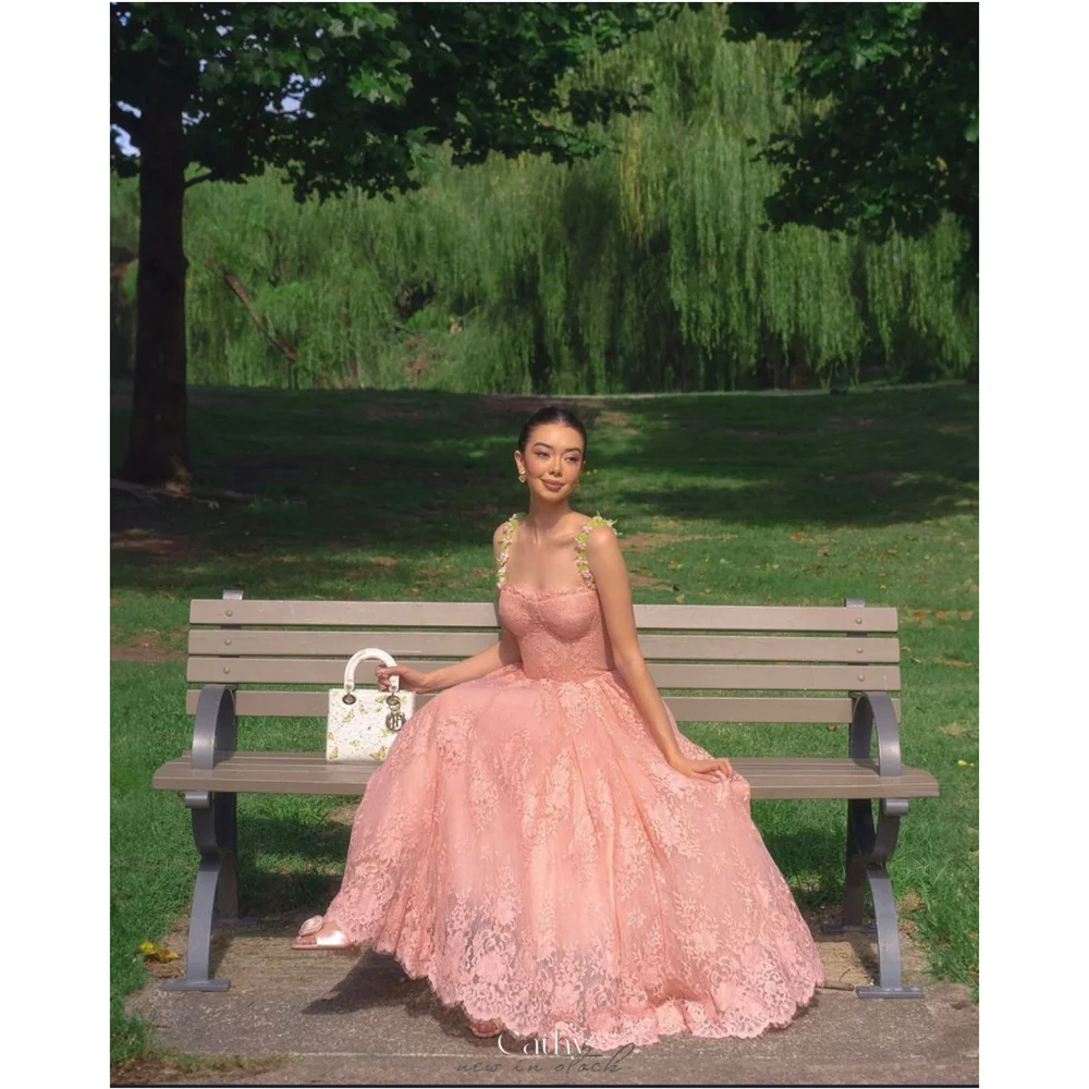 

Cathy Customized Pink Spaghetti Strap Prom Dress Lace-Up Floral Print vestidos de noiva A-Line Ankle-Length Evening Dresses 2025