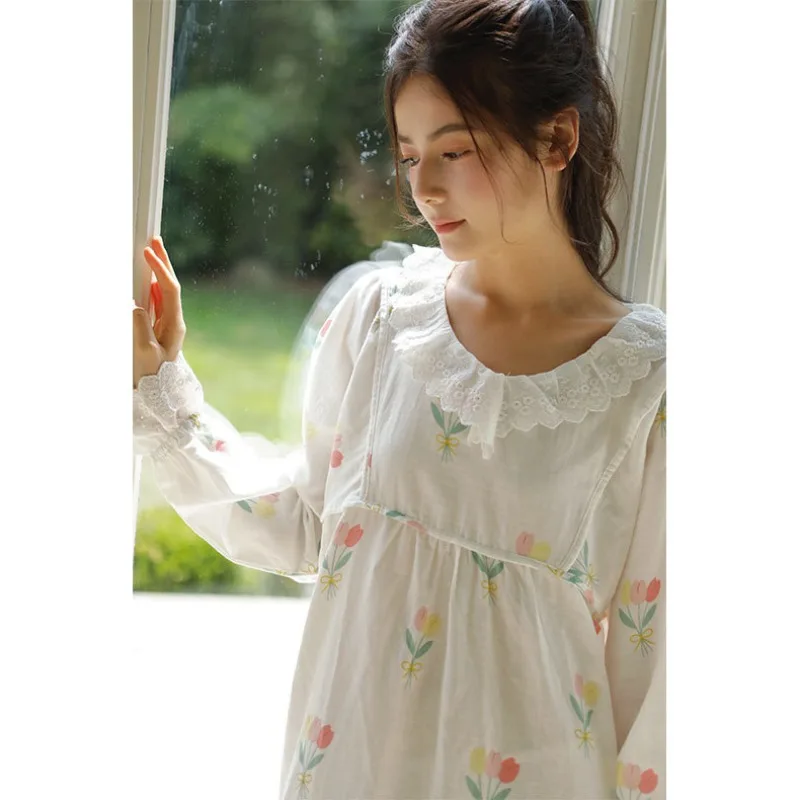 Cotton Double-layer Gauze Lace Ruffle Edge Round Neck Long-sleeved Nightdress Tulip Print Nightgowns Loose Women Nightwear