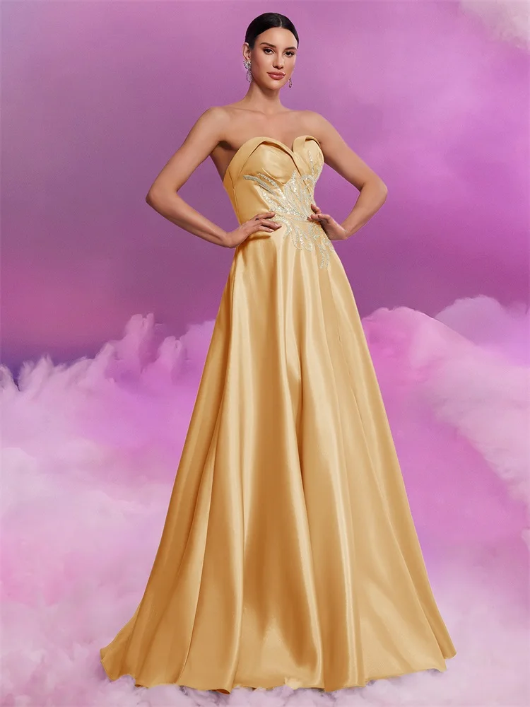 

Элегантные атласные золотые вечерние платья без бретелек, женские трапециевидные свадебные платья для выпускного вечера, коктейльные платья длиной до пола