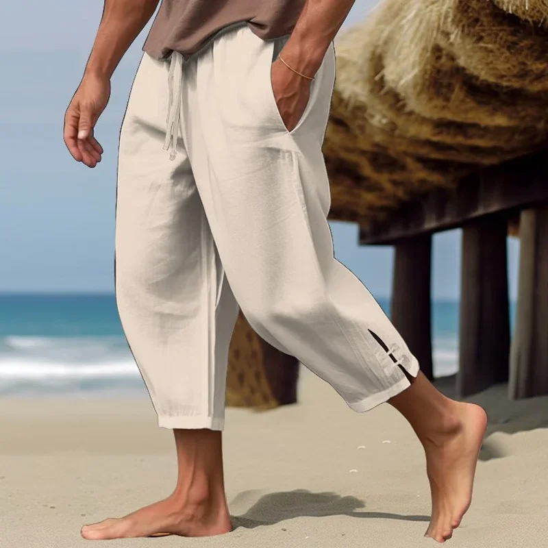 Seaside Beach Daily Leisure Mens Linen Pant Spring Summer Fashion Side Slit Design Thin Pant Men Casual Loose Three Quarter Pant