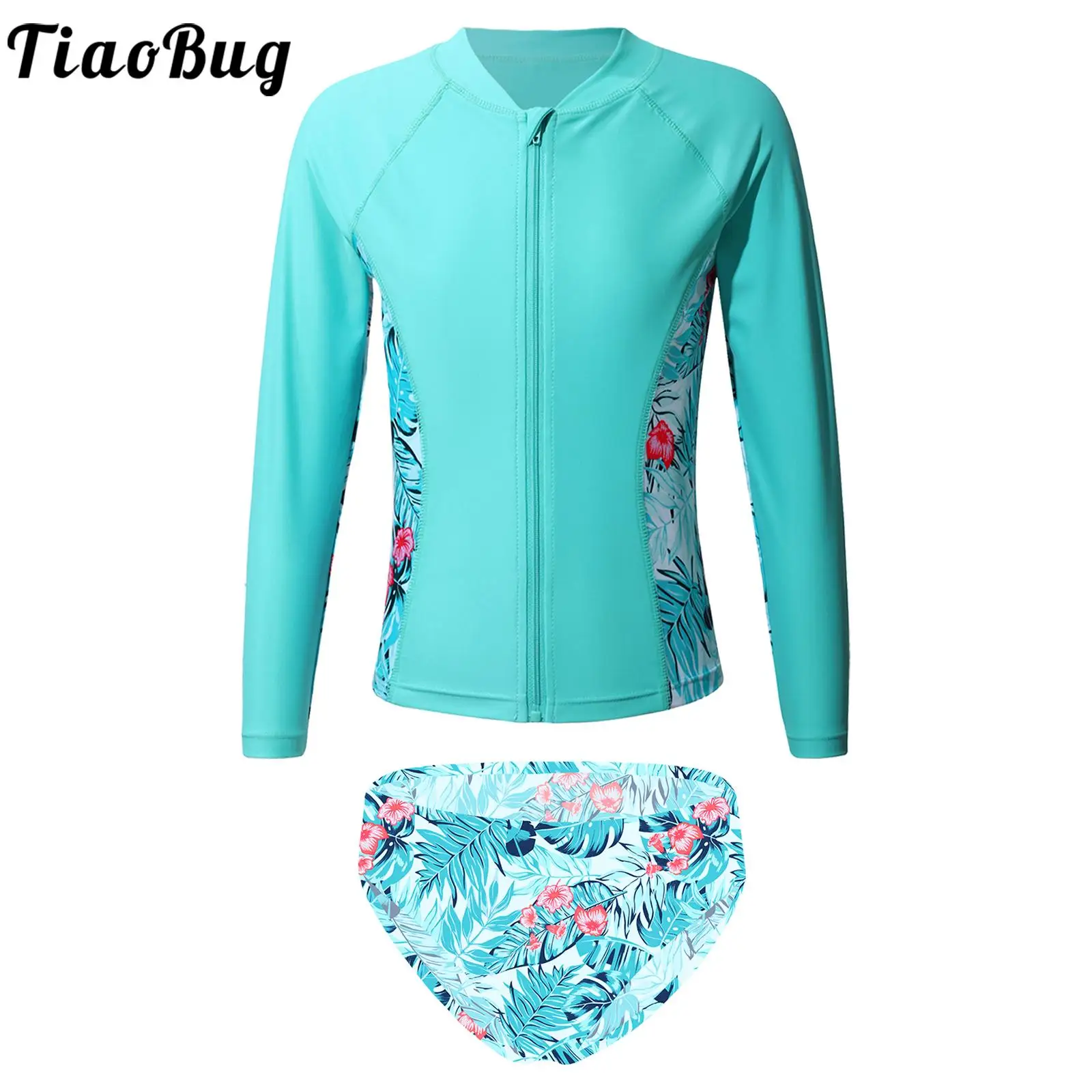 Kids Girls Printed Swimwear Long Sleeve Front Zipper Outerwear with Swim Briefs Rash Guard Swimming Beach Pool Bathing Swimsuit