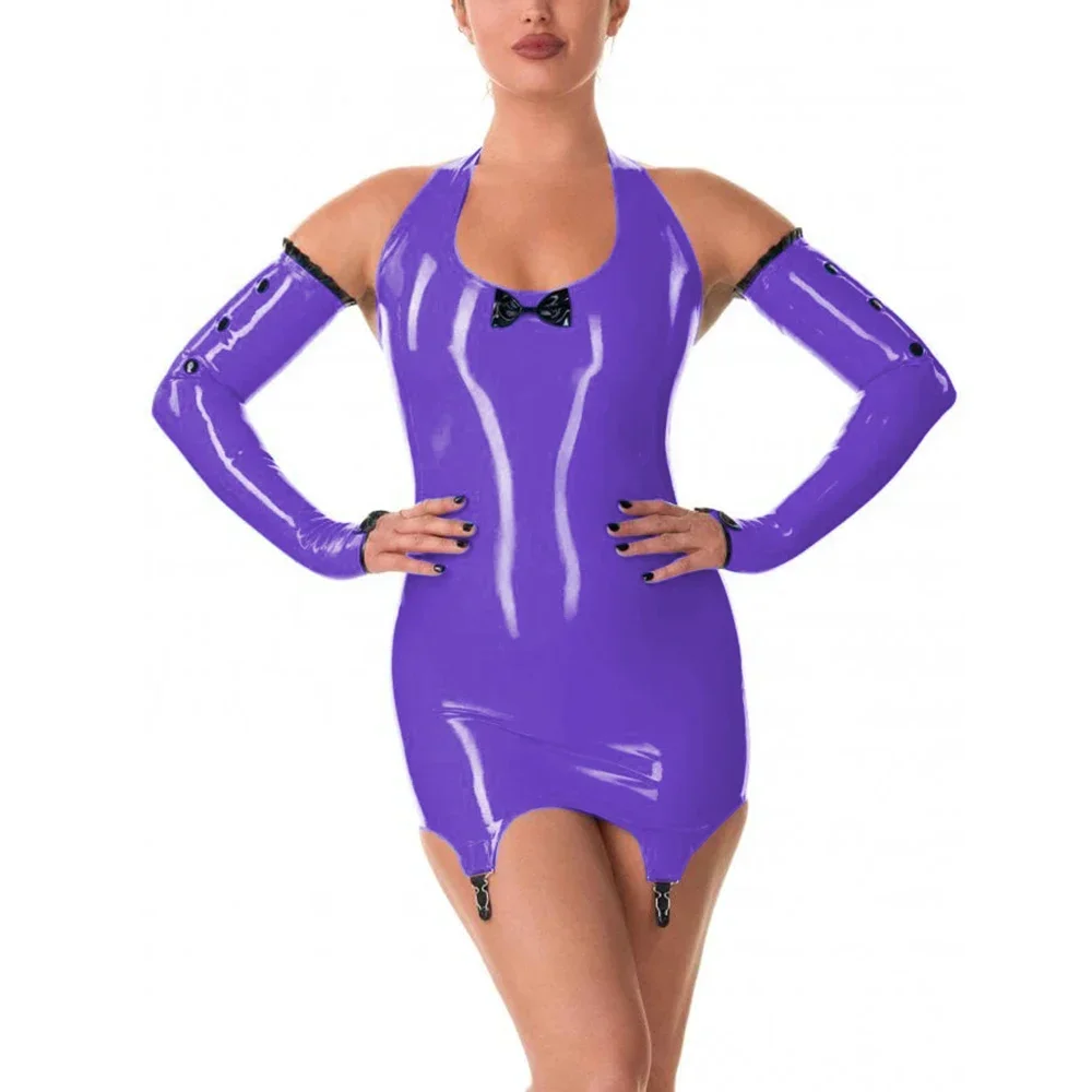 نظرة الرطب براءات الاختراع والجلود الرسن فستان قصير مثير عارية الذراعين Bodycon فستان مع مقاطع الرباط أكمام أذرع تبريد نادي الحفلات مع قفازات
