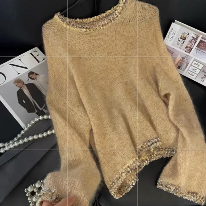

Heavy Fashion Beading Mohair Knitted Pullover Spring Autumn Loose All-match Tops Women 2025 New Long Sleeve Sweaters Mujer