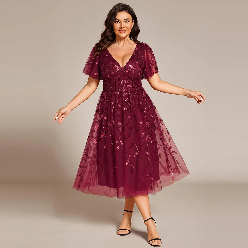 

Customized Women's V Neck Short Sleeves Applique Empire Waist Sequin Midi Cocktail Wedding Guest Dress Mother of The Bride Dress