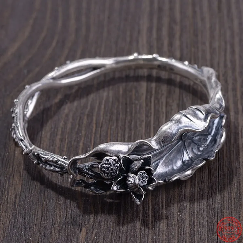 

S999 Sterling Silver Bracelets for Women New Fashion Seedpod of the Lotus Leaf Bangle Pure Argentum Jewelry Wholesale