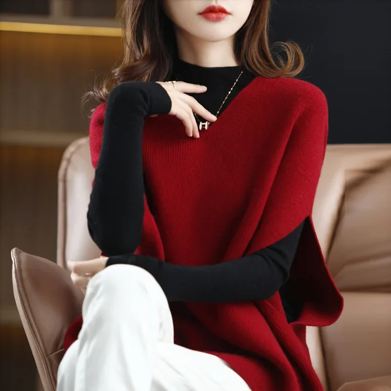 Sweater rajutan lengan panjang leher V Wanita kasual mode baru sweater rajutan sayap kelelawar Solid longgar polos rompi pakaian rajut musim gugur