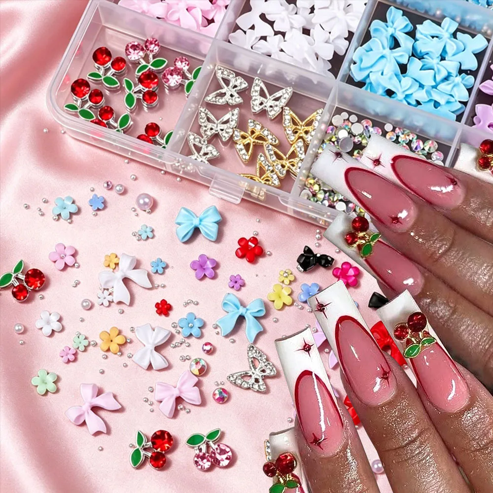 

24grids Colorfu Mini Resin Flower Nail Decoration Candy Color Bowknot Caviar Pearls Nail Charms Alloy Butterfly Cherry Accessori